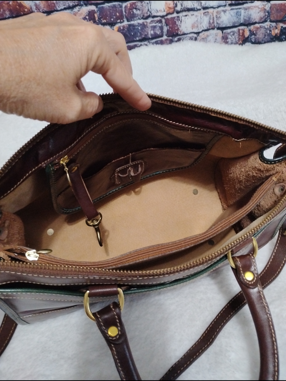Brahmin Brown and Wine Leather Satchel with Green Trim - Picture 9 of 15
